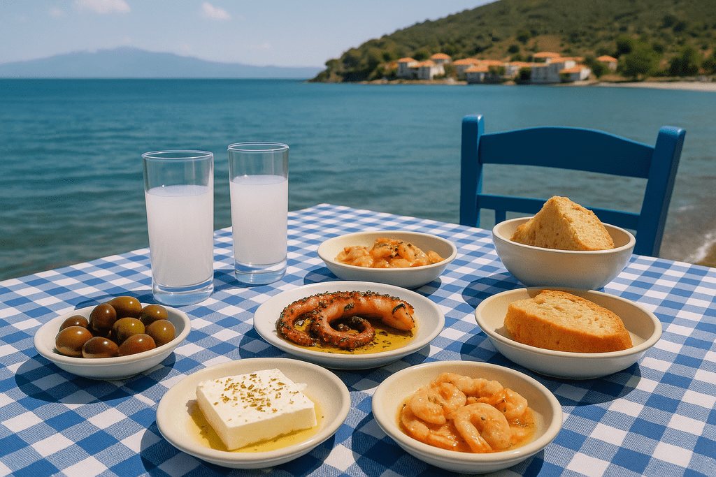 Two glasses of ouzo and small plates of meze on a checked tablecloth by the sea